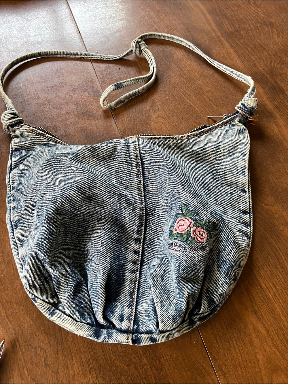 Embroidered Pink Rose Denim Shoulder Bag